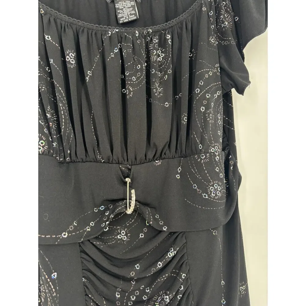 Studio 1940 Blouse Ruched Embellished Rhinestone Stretch Top Black‎ Size Large